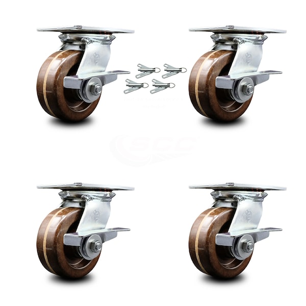 5 Inch High Temp Phenolic Caster Set with Roller Bearing and Brakes/Swivel Locks